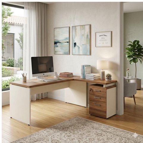 Mesa Escritório em L c/ Gavetão na Auxiliar 1,50x1,50m (Tampo 40mm) Nogal Sevilha / Champanhe