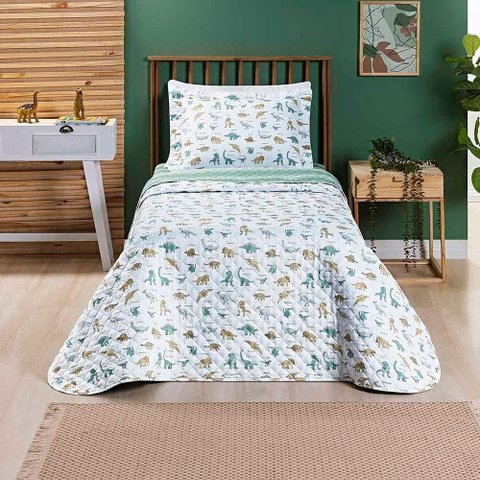 Kit Cobre Leito Colcha Joy Kids Solteiro Infantil 2 Peças Micropercal 200 Fios - Dino World - 100%