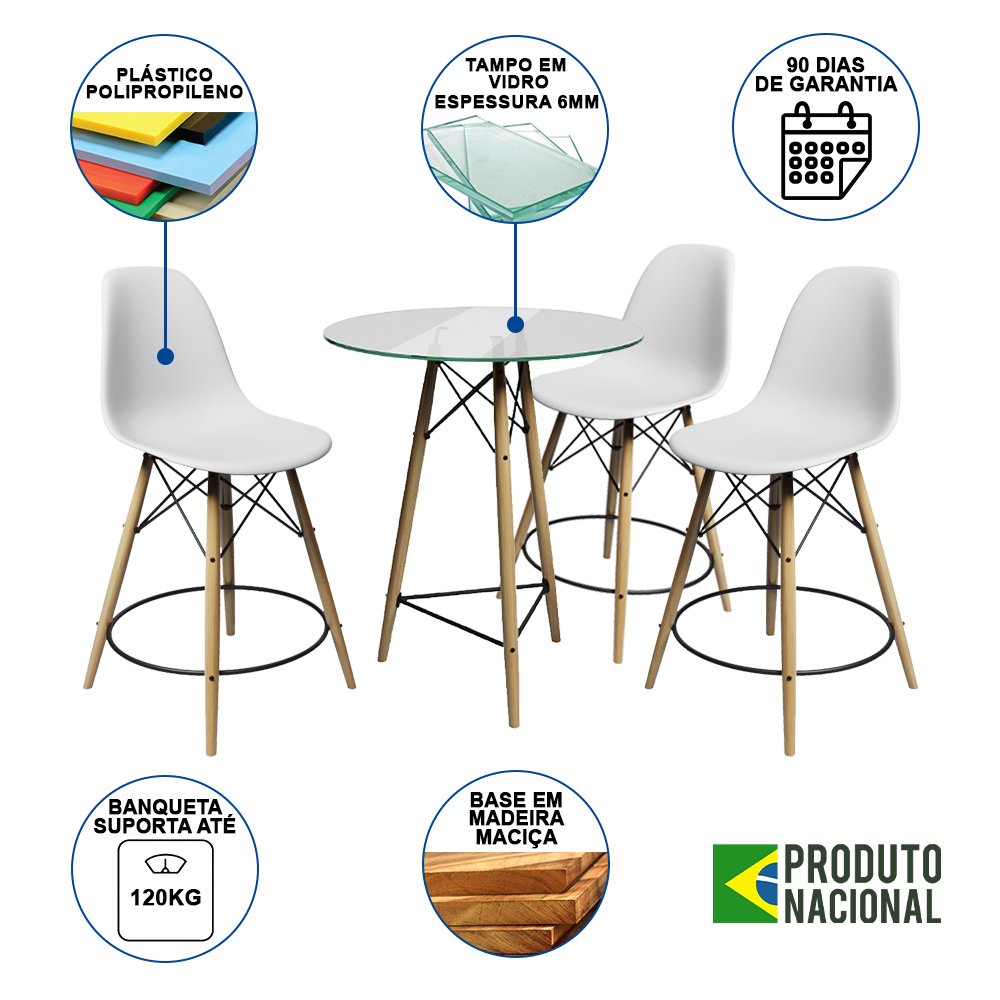 Conjunto Mesa Bistrô Eames Eiffel Vidro com 3 Banquetas Brancas de Madeira - 2
