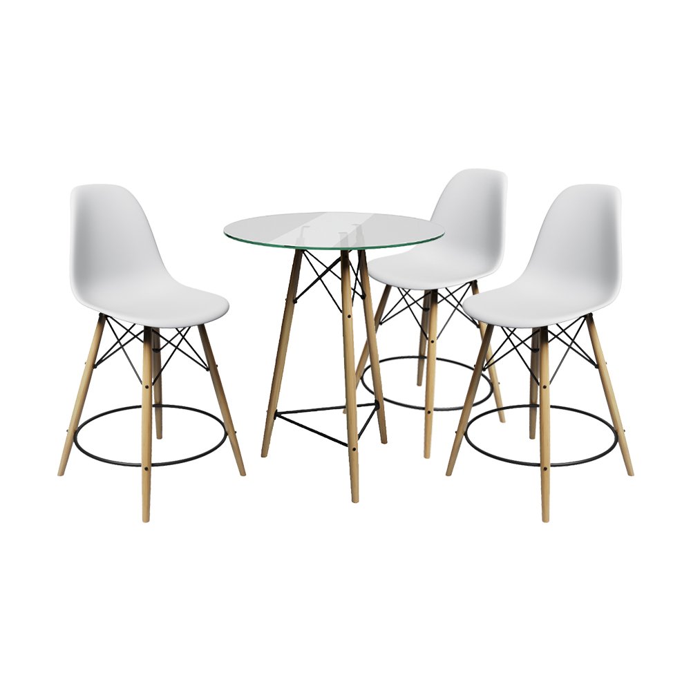 Conjunto Mesa Bistrô Eames Eiffel Vidro com 3 Banquetas Brancas de Madeira - 1