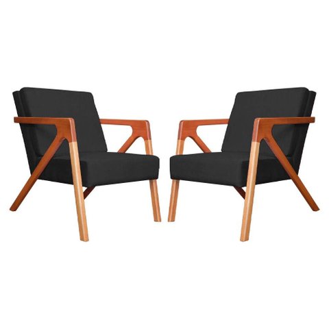 Conjunto 2 Poltronas Monalisa Com Braços de Madeira Suede Preto - LM DECOR