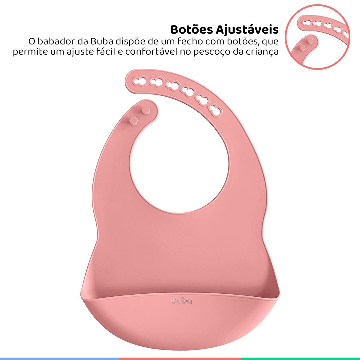 Babador de Silicone Bebe Impermeável Coletor de Migalhas Infantil +3 Meses Botões Ajustável Rosa Bub - 2