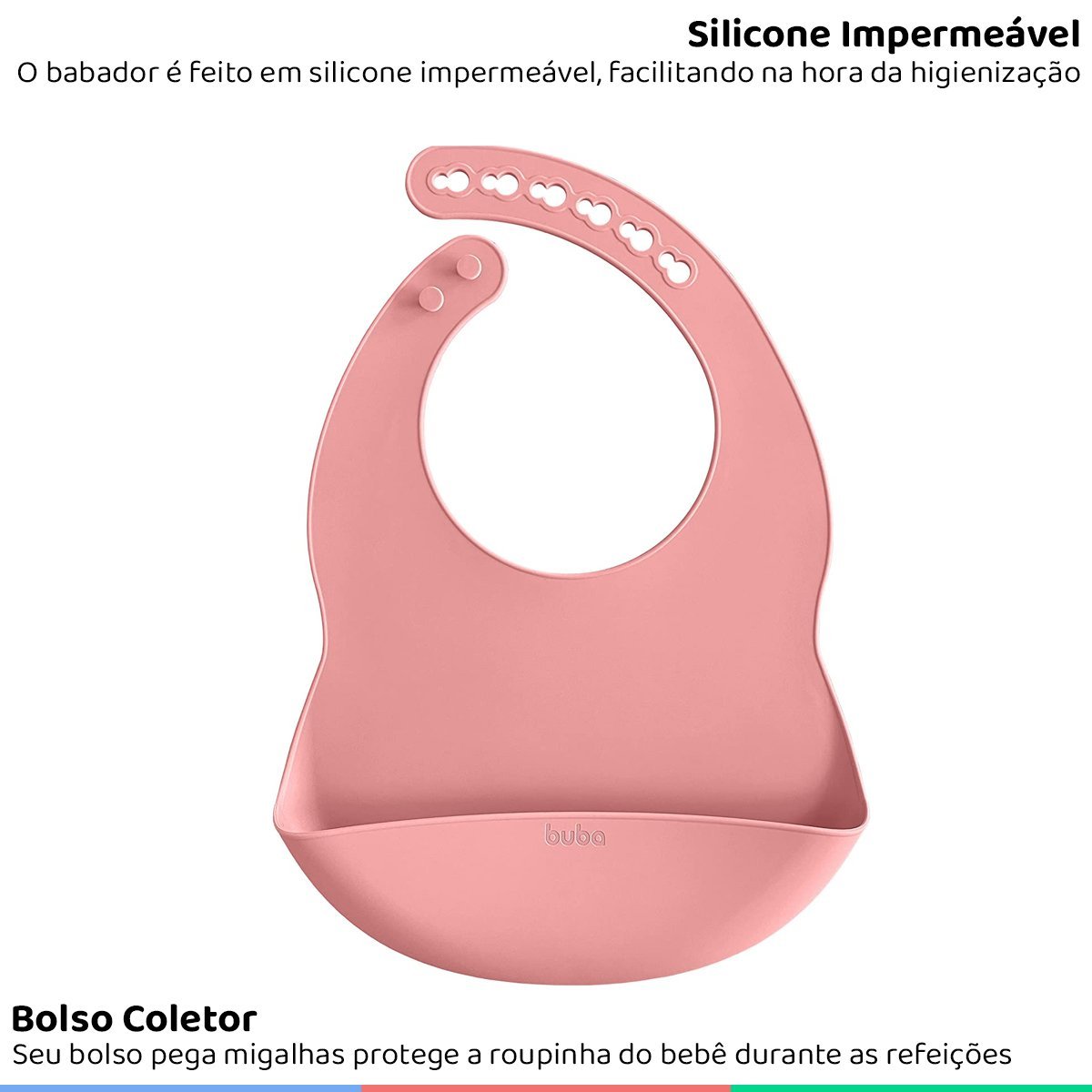 Babador de Silicone Bebe Impermeável Coletor de Migalhas Infantil +3 Meses Botões Ajustável Rosa Bub - 3