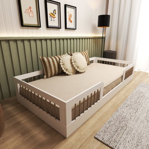 Cama Infantil Montessoriana Solteiro com Grades em Pinus Lume