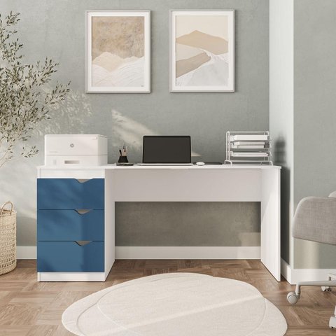 Mesa Escrivaninha Porto Escritório 3 Gavetas 163x77cm Azul/Branco 250685
