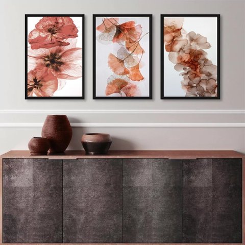 Kit 3 Quadros Decorativos Sala Flores Marrom Rosê 24x18cm:madeira Preta