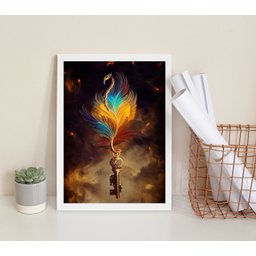 Quadro Decorativo Arquétipo Fênix- Chave 45x34cm - com Vidro:madeira Branca - 1