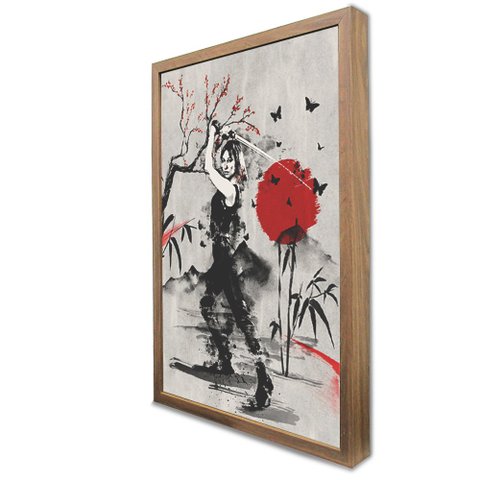 Quadro Decorativo Caixa Alta com Vidro Mulher Samurai  TaColado Moldura Madeira 90 x 60cm