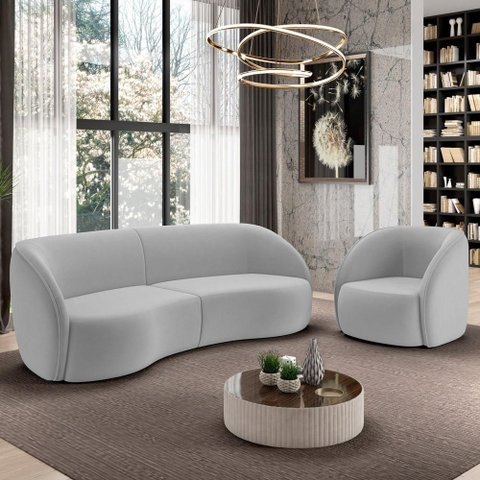 Kit Sofá 4 Lugares Eron 240cm com Poltrona Giratória Angelina M03 Veludo Cinza - Lyam Decor