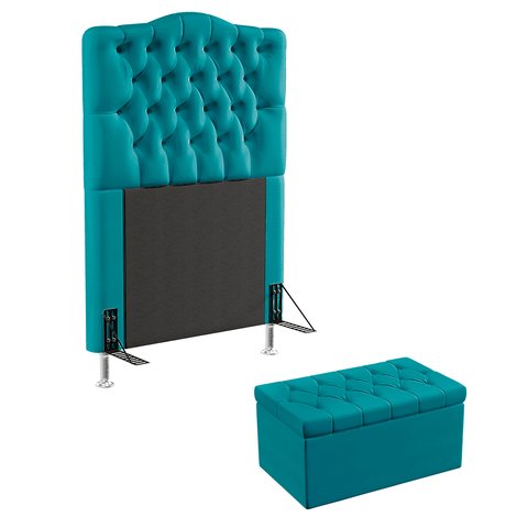 Kit Cabeceira Estofada Decorativa Pollux e Calçadeira Sagitarius 90 Para Cama de Solteiro Sued Azul 