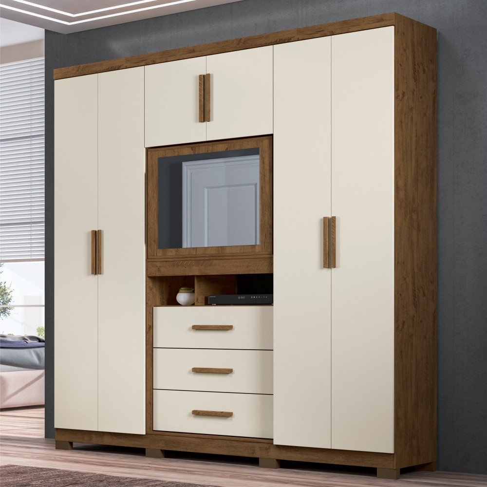 GuardaRoupa Roupeiro 6 Portas Brynn Castanho Wood Baunilha