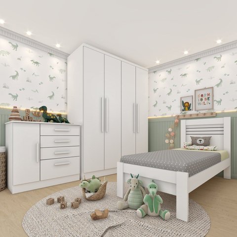Quarto Infantil Completo com Guarda Roupa Cômoda e Cama 100% MDF Harmonia Yescasa Branco/Neve