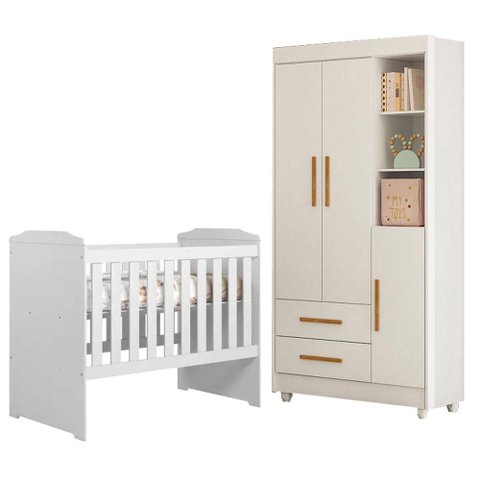 Berço Americano Carinho com Guarda Roupa Flocos Branco Acetinado - Tigus