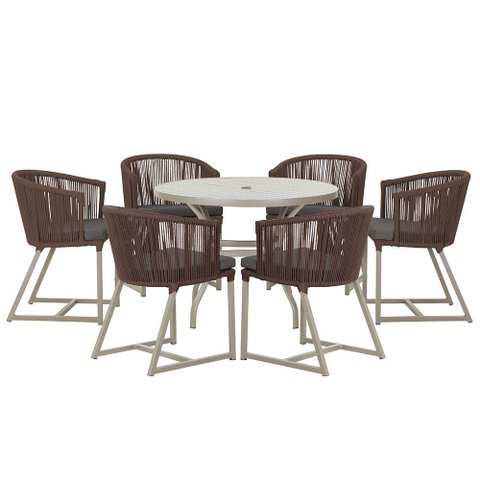 Mesa com 6 Cadeiras de Jantar Roma 120cm e Noronha em Alumínio Fendi Corda Náutica Estofado 11 Trama