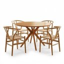 Ver imagem 2 de Sala de Jantar 4 Lugares Mesa Redonda em Madeira Maciça com Cadeiras Wishbone Espresso Móveis Marrom/Cinamomo/Bege
