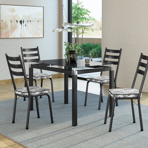 Conjunto Mesa 107x73cm Malva com 4 Cadeiras New Preto/Floral Cinza
