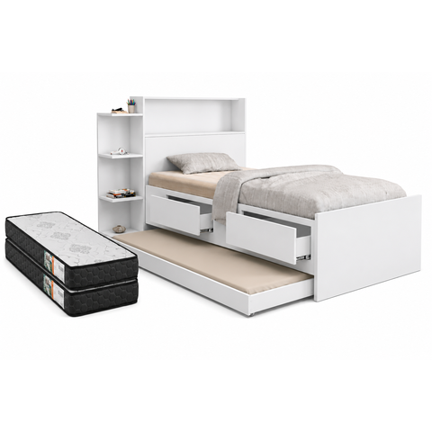 Cama Solteiro Completa com Cama Auxiliar, Baú, Gavetas, Prateleiras e 2 Colchões D33