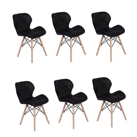 Kit 6 Cadeiras Charles Eames Eiffel Slim Wood Estofada - Preta