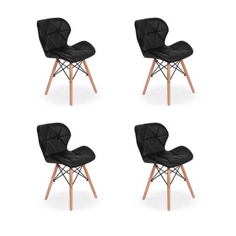Kit 04 Cadeiras Charles Eames Eiffel Slim Wood Estofada - Preta