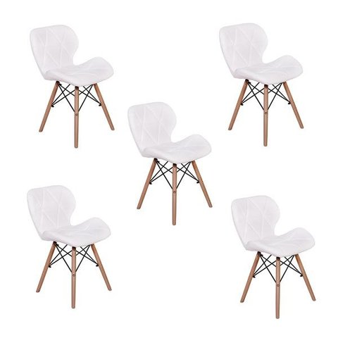 Kit 5 Cadeiras Charles Eames Eiffel Slim Wood Estofada - Branca