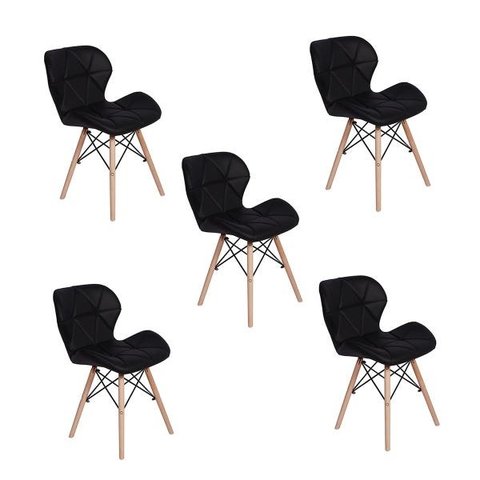 Kit 5 Cadeiras Charles Eames Eiffel Slim Wood Estofada - Preta