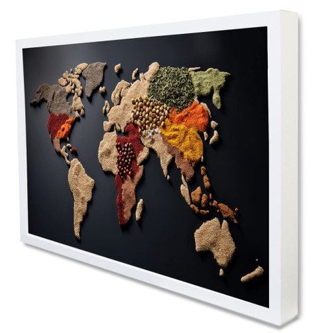 Quadro Decorativo Mapa Mundo Especiarias em Moldura Caixa Tacolado Moldura Caixa Alta 4,5cm Branca C