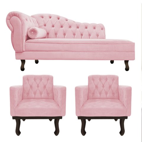 Kit Diva Recamier Diana 185cm Lado Direito e 02 Poltronas Classic Suede Rosa Bebê - ADJ Decor