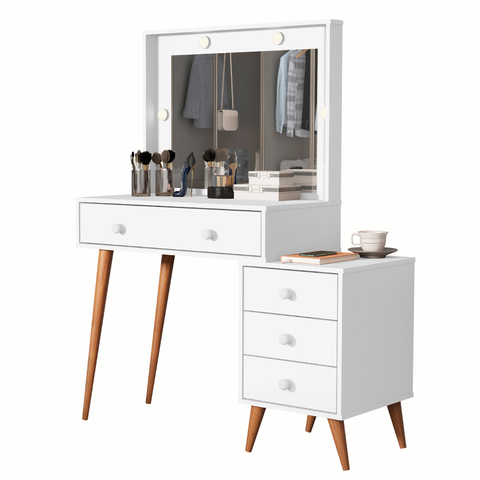 Penteadeira Escrivaninha Mesa Gaveteiro Mdf Led Camarim Nova:branco