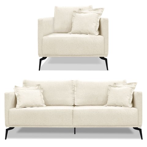 Kit Poltrona e Sofá Living 2 Lugares 1,60m Sirius Linho Pés Metálicos - Pallazio Natural