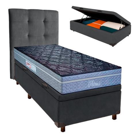 Conjunto Cama Box Bau Blindado Solteiro + Colchão Molas Ensacadas Petrus Paropas + Cabeceira