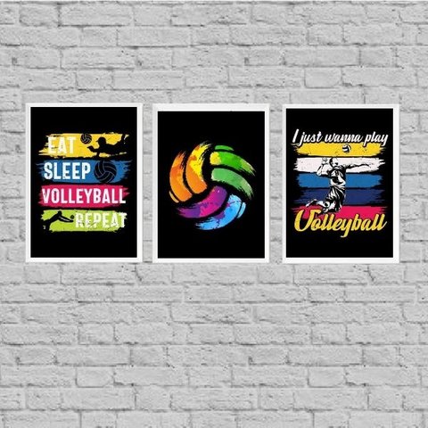 Kit 3 Quadros Volleyball Retrô 45x34cm - com vidro:Madeira branca