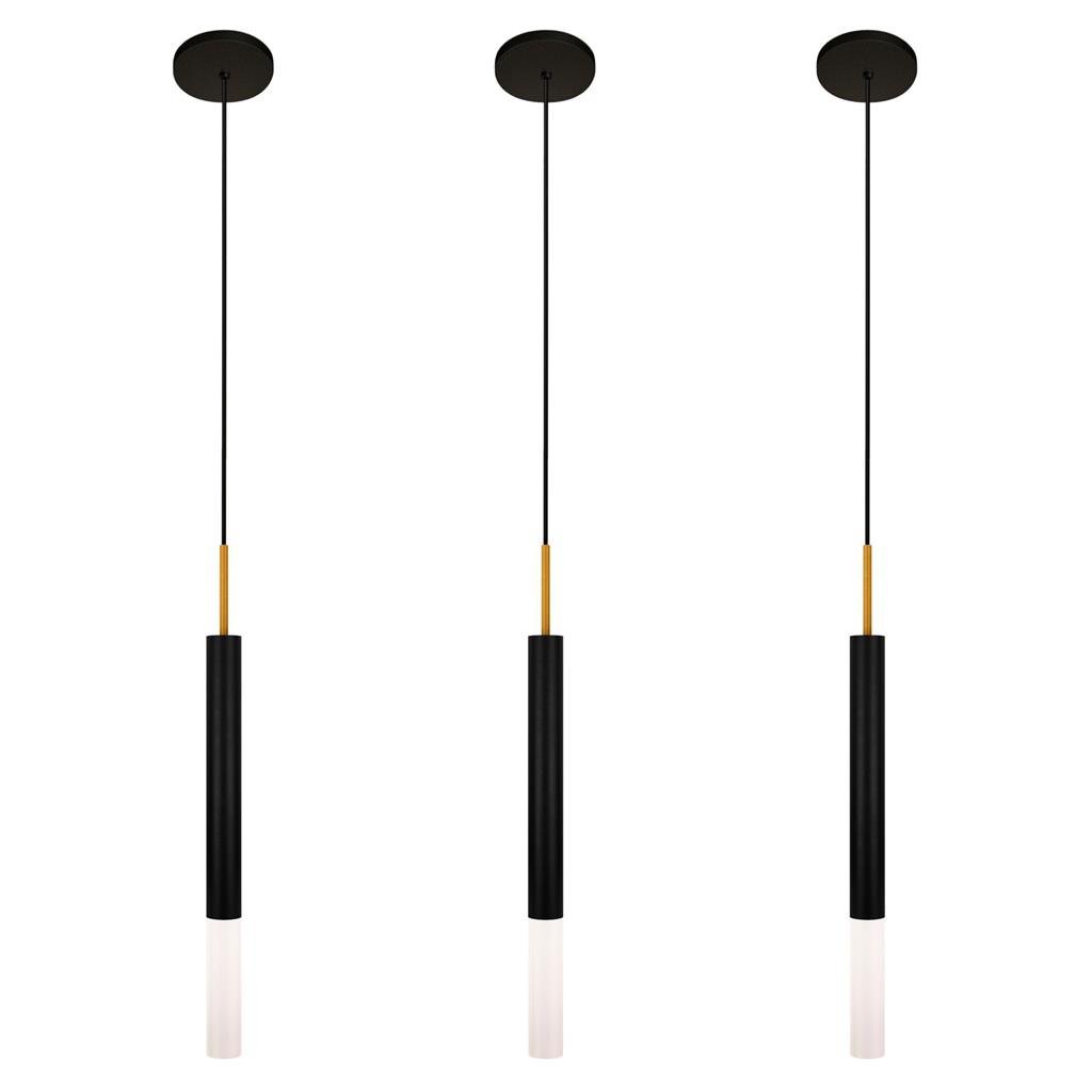 Kit 3 Pendentes Teto Luminária Tubo Difusor Preto Dourado