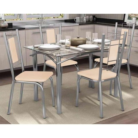 Kit Mesa Elba C- Tampo Vidro 120cm + 4 Cadeiras Florença Cromado Courano Nude