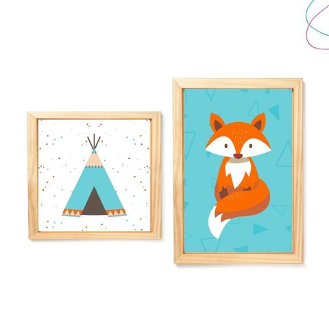 Kit 2 Quadros Decorativos - Raposinha Cabana com Moldura:pinus