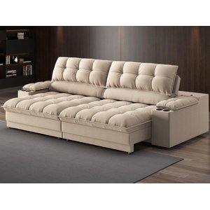 Sofá com Porta Copos e Carregador Usb Ret Rec Luke 2,30m Linho Soft Bege - Netsofas