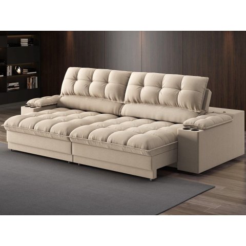 Sofá com Porta Copos e Carregador Usb Ret Rec Luke 2,30m Linho Soft Bege - Netsofas