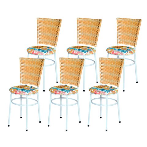 6 Cadeiras para Mesa Branca Hawai Palha Assento Floral:happy Hour