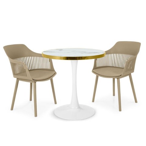 Conjunto Mesa de Jantar Redonda Majestic 70cm Branca com 2 Cadeiras Estofadas Marcela - Nude Escuro