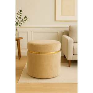 Puff Cinta Dourada Superior Bege Tecido em Veludo