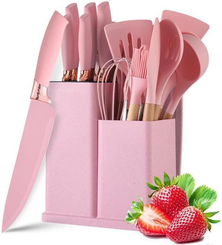 Kit Utensílios de Silicone e Cabo em Madeira Premium 19 Pçs:rosa - 1