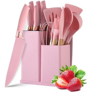 Kit Utensílios de Silicone e Cabo em Madeira Premium 19 Pçs:rosa