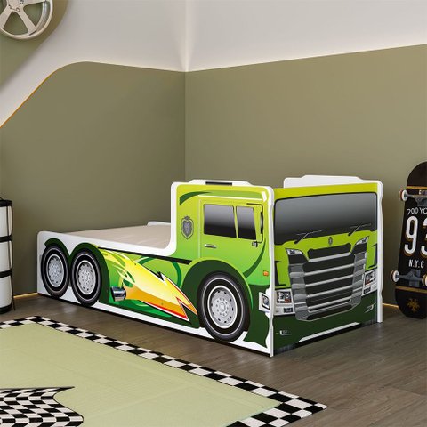Cama Caminhão Solteiro Infantil Juvenil com Cabeceira Peseira Estampadas para Quarto Menino - Verde