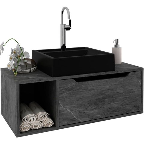 Gabinete de Banheiro 80 Cm com Cuba 1 Porta e Nicho Mármore Lunar