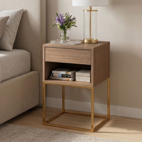 Mesa de Cabeceira com Nicho e Gaveta Base em Aço Estilo Industrial Quarto Freijó/Dourado Lh Móveis