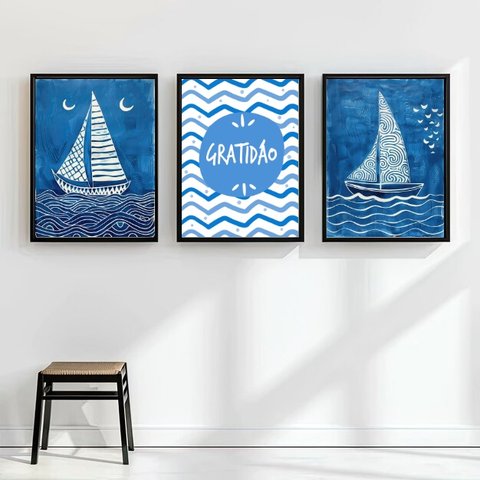 Kit 3 Quadros Arte Nautica Azul - Gratidão 33x24cm - com Vidro:moldura Branca