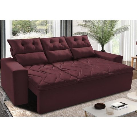 Sofá 3 Lugares Retrátil e Reclinável 2.00m Cama Inbox Smal com Bordado Pantográfico Suede Vinho