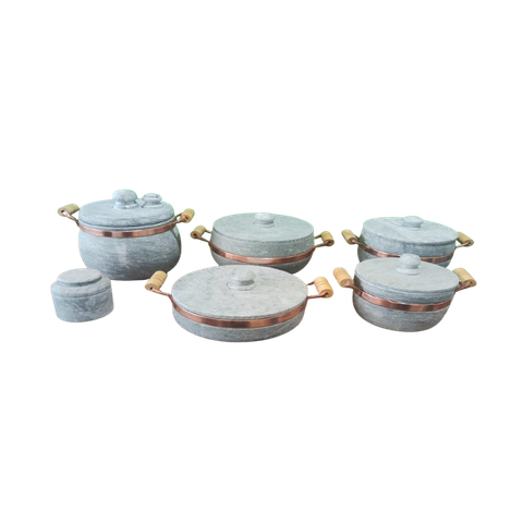 Jogo 5 Panela em Pedra Sabão ( Alça Cobre e Madeira) + Manteguiera