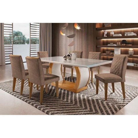 Conjunto Mesa de Cozinha Jade Tampo Madeirado com Vidro Reto 180x90 e 6 Cadeiras Jade Imbuia Suede