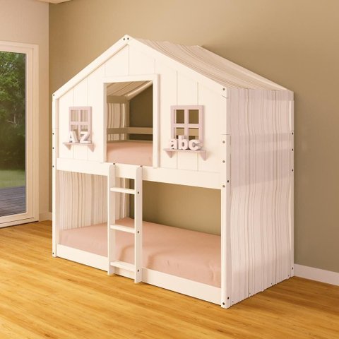 Beliche Montessoriano Casinha Dos Sonhos com Cortina Madeira Maciça Branco/rosa Housin
