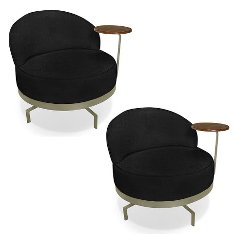 Kit 2 Poltronas Decorativa Andromeda Linho Bouclê Preto Base Giratória de Ferro - Pallazio